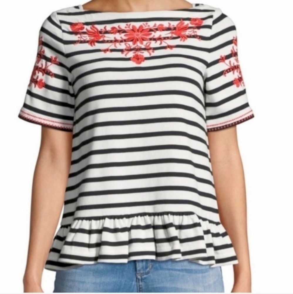 Kate Spade Broome Street Floral Embroidered Striped‎ Top Blouse